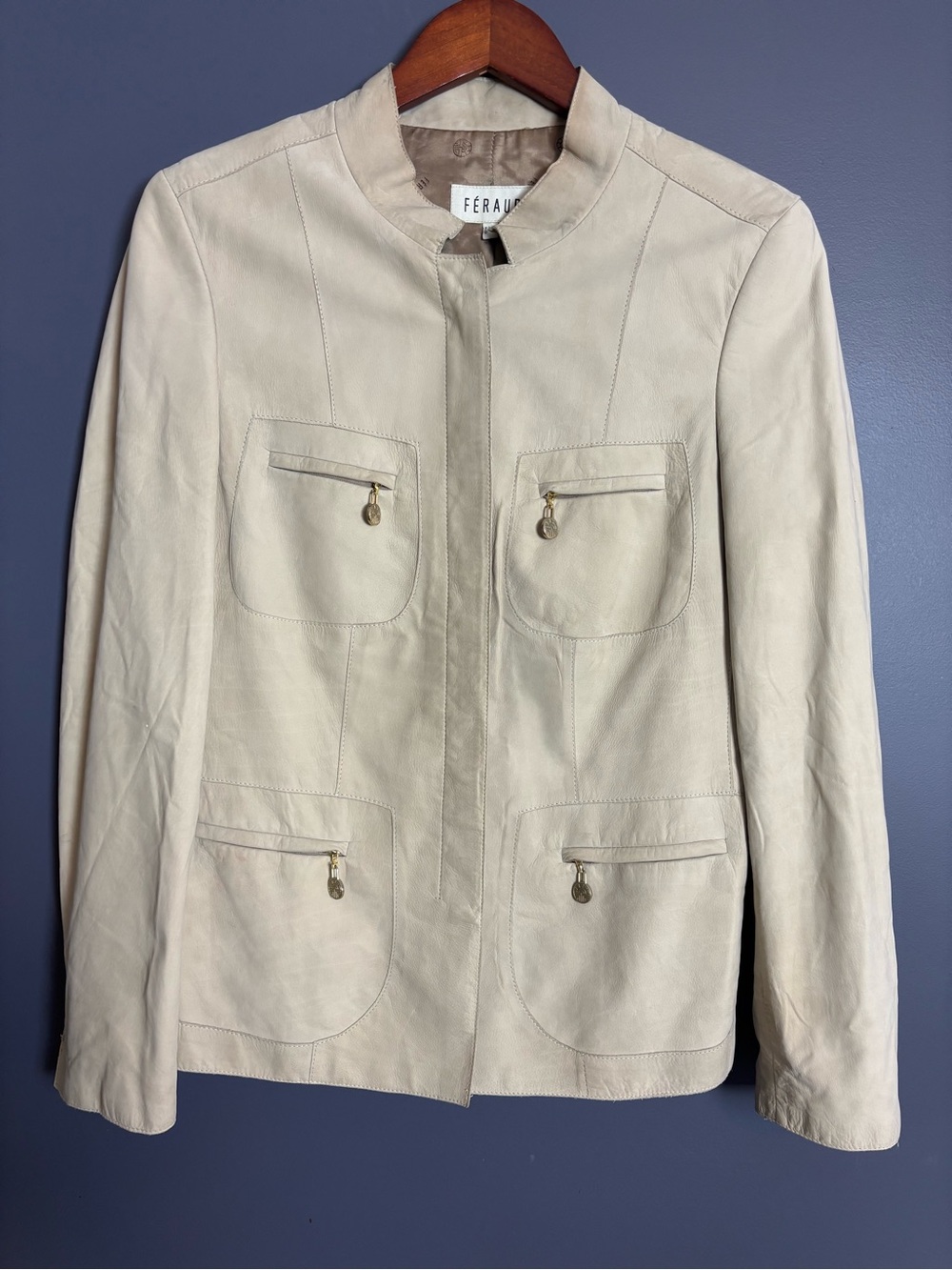 Vintage Feraud Cream Calf Leather Tailored Utility Jacket Blazer Mandarin Collar